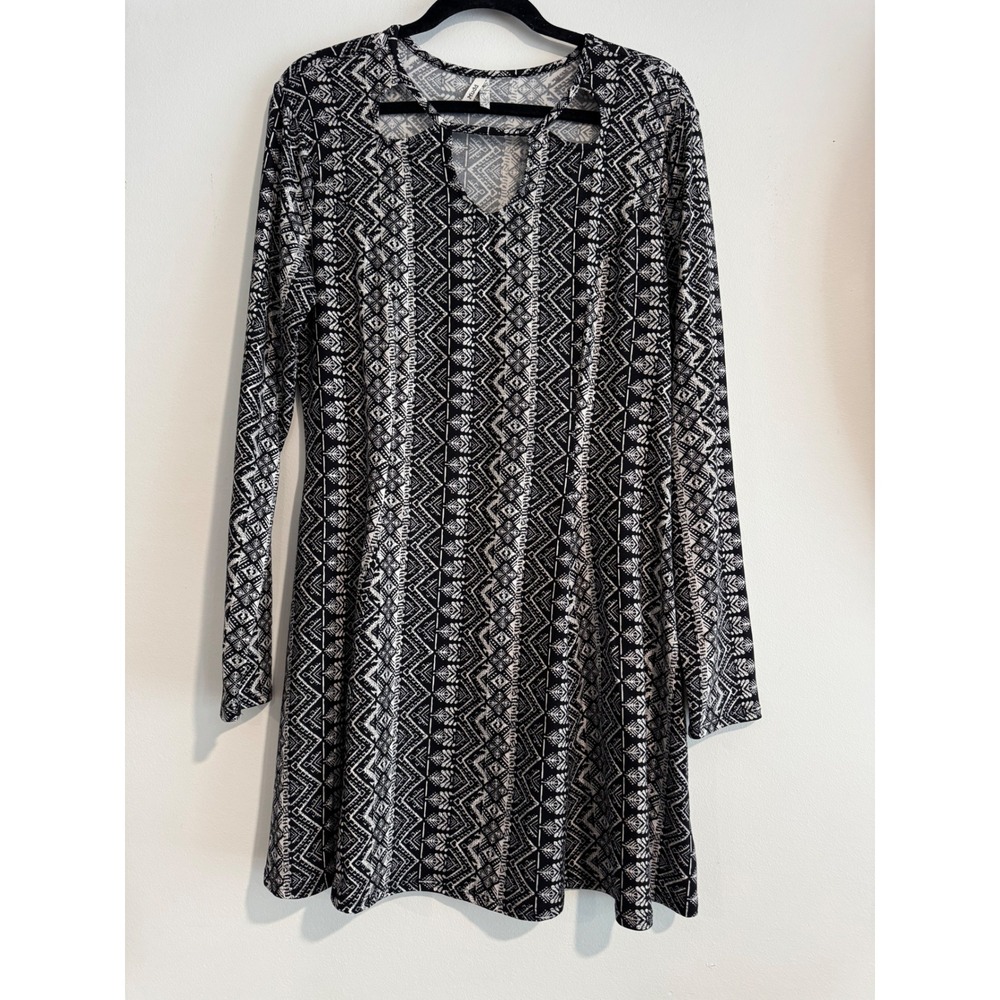 Vintage Mudd Geometric Cutout Mini Dress Womens XL Black White Tribal Print Y2K